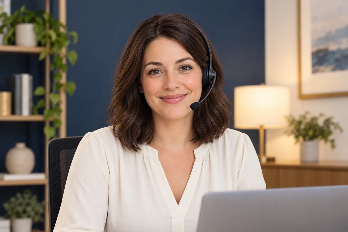 Female call coordinator wearing a headset at a desk