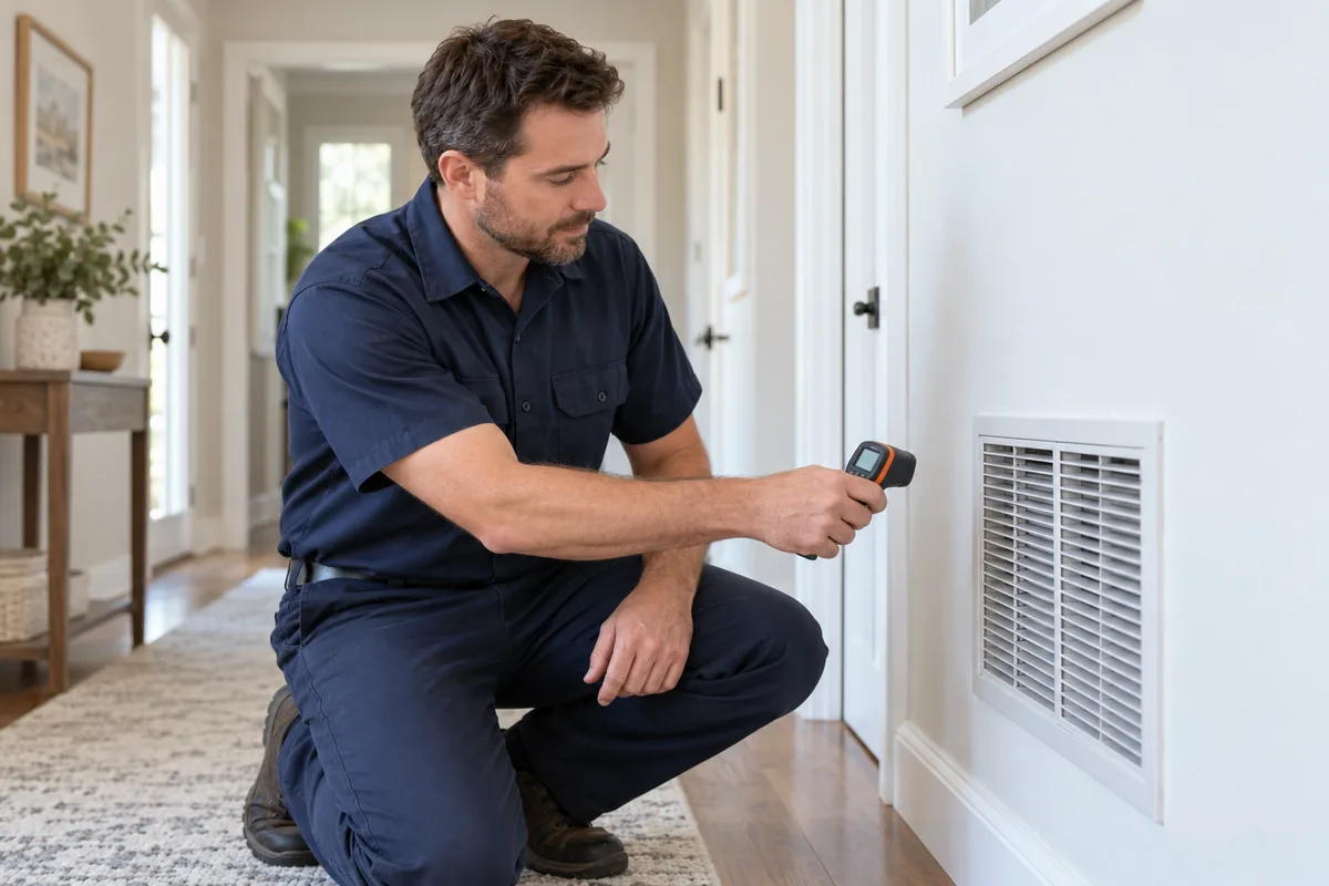 Heating technician checking supply-air temperature beside a wall register