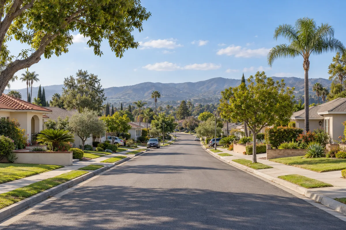 Stucco homes and landscaped yards along a Southern California residential street