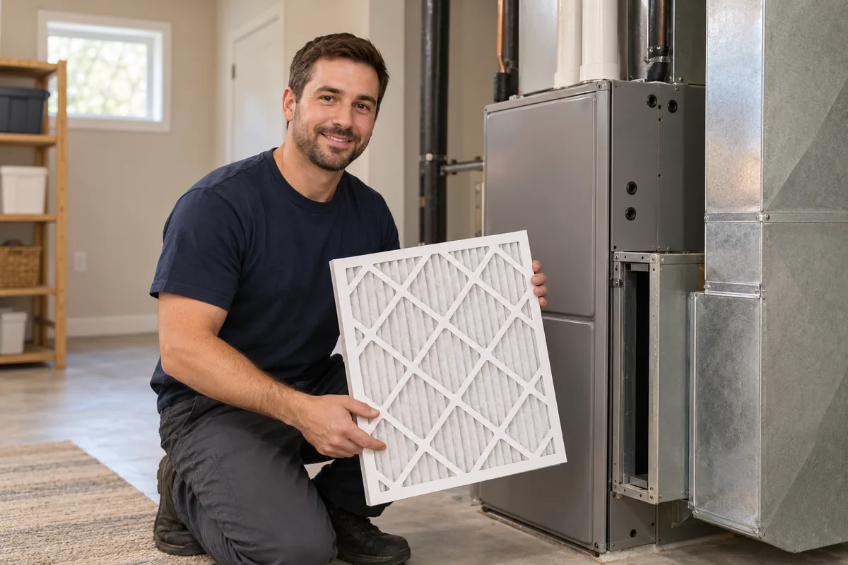 Technician holding a pleated air filter beside a residential heating system