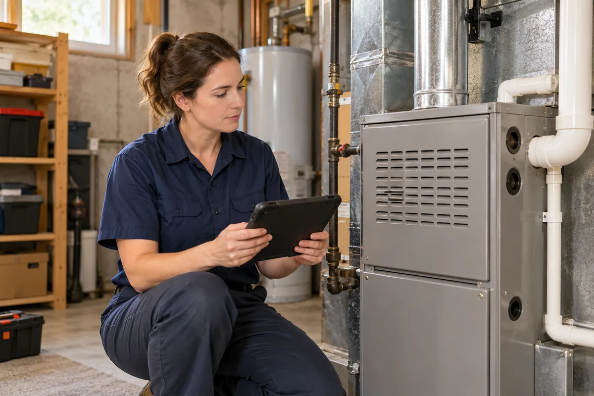 Technician observing a residential furnace while reviewing a service tablet